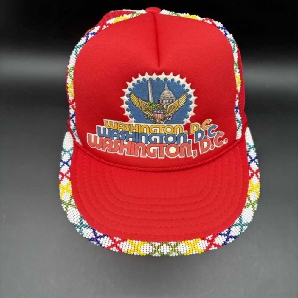 Vintage Hand-Beaded Washington D.C. Snapback Hat Red Trucker Beaded Bill Cap